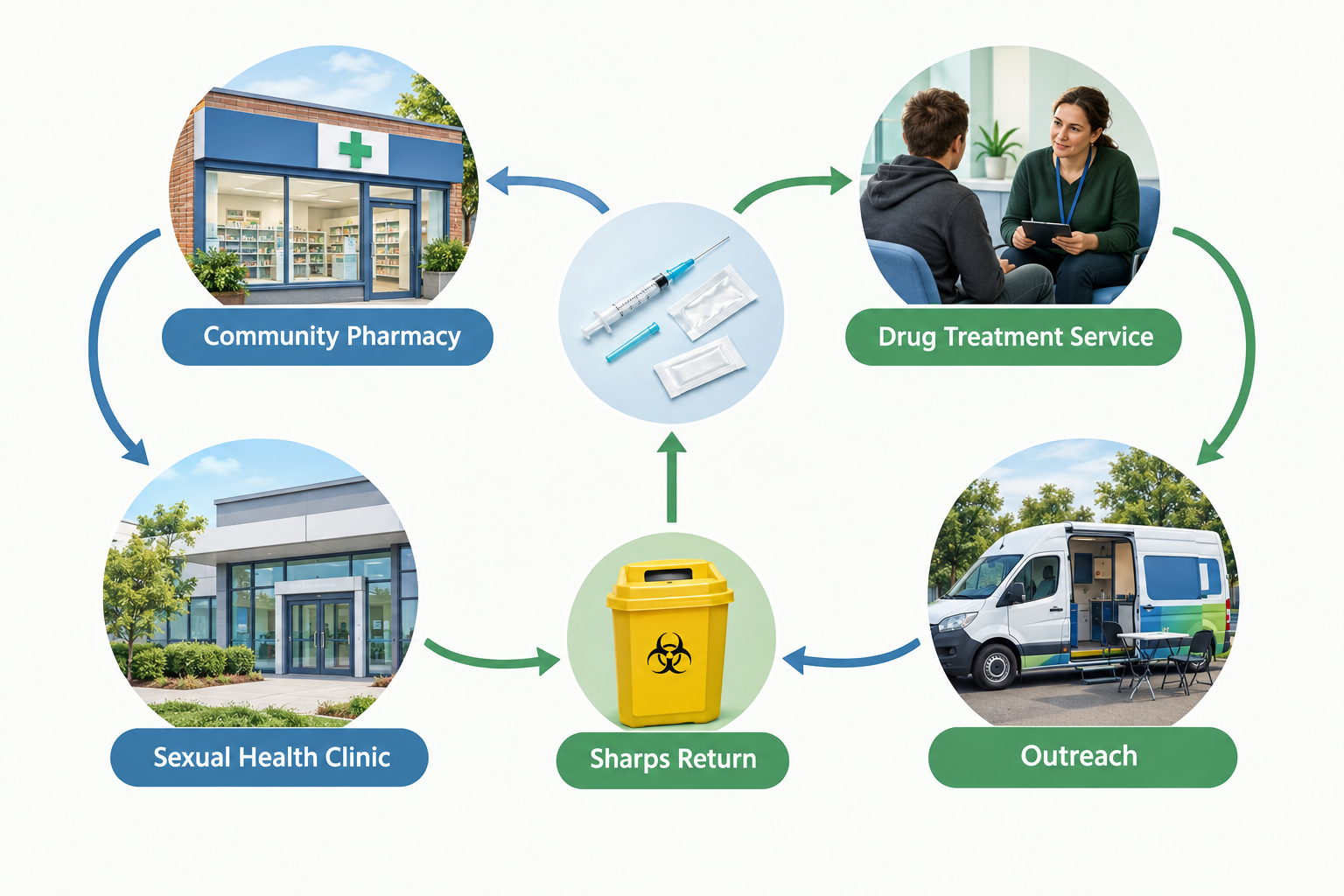 Diagram of UK needle and syringe programme settings including pharmacy and drug treatment services