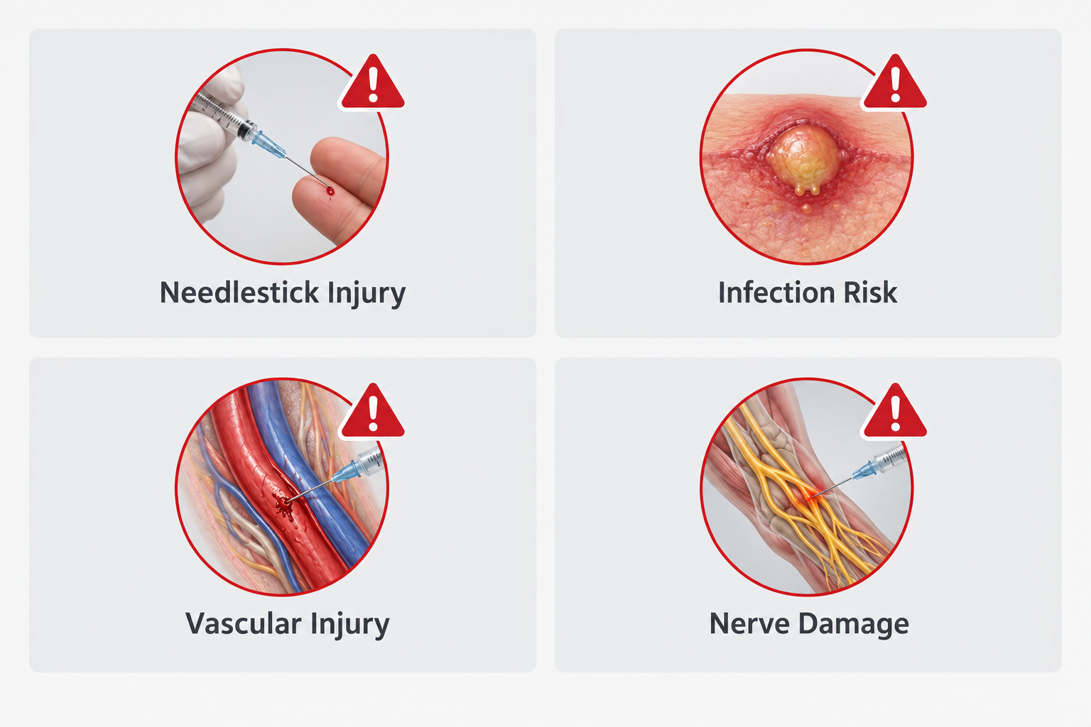 Illustration of risks from unsafe syringe use including infection, needlestick injury and vascular
