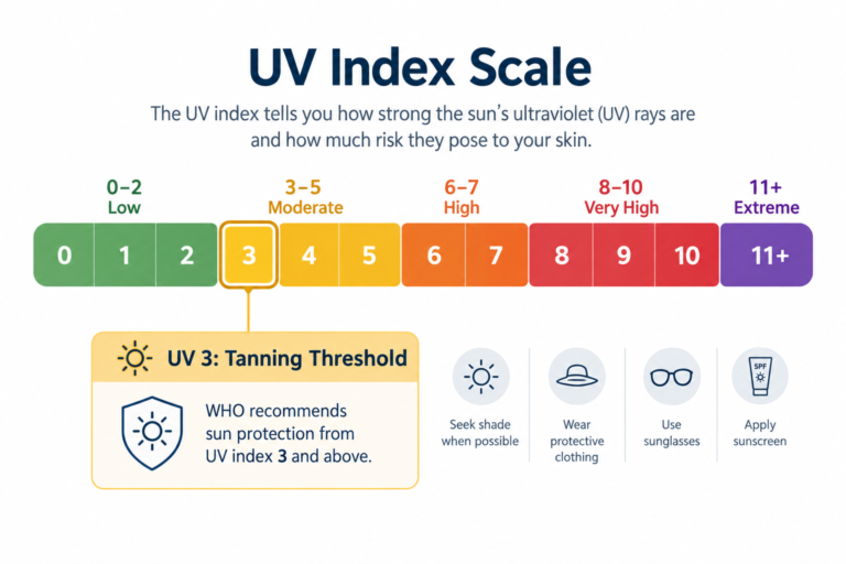 UV index scale infographic highlighting UV index 3 as the moderate tanning threshold