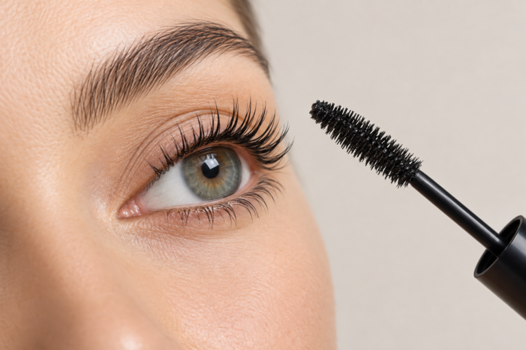 Mascara wand next to lifted natural lashes after a lash lift treatment
