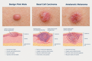 Comparison illustration of benign pink mole versus cancerous pink skin lesion types