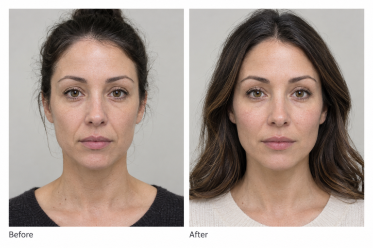 Cheek filler before and after illustration showing midface volume restoration and cheekbone