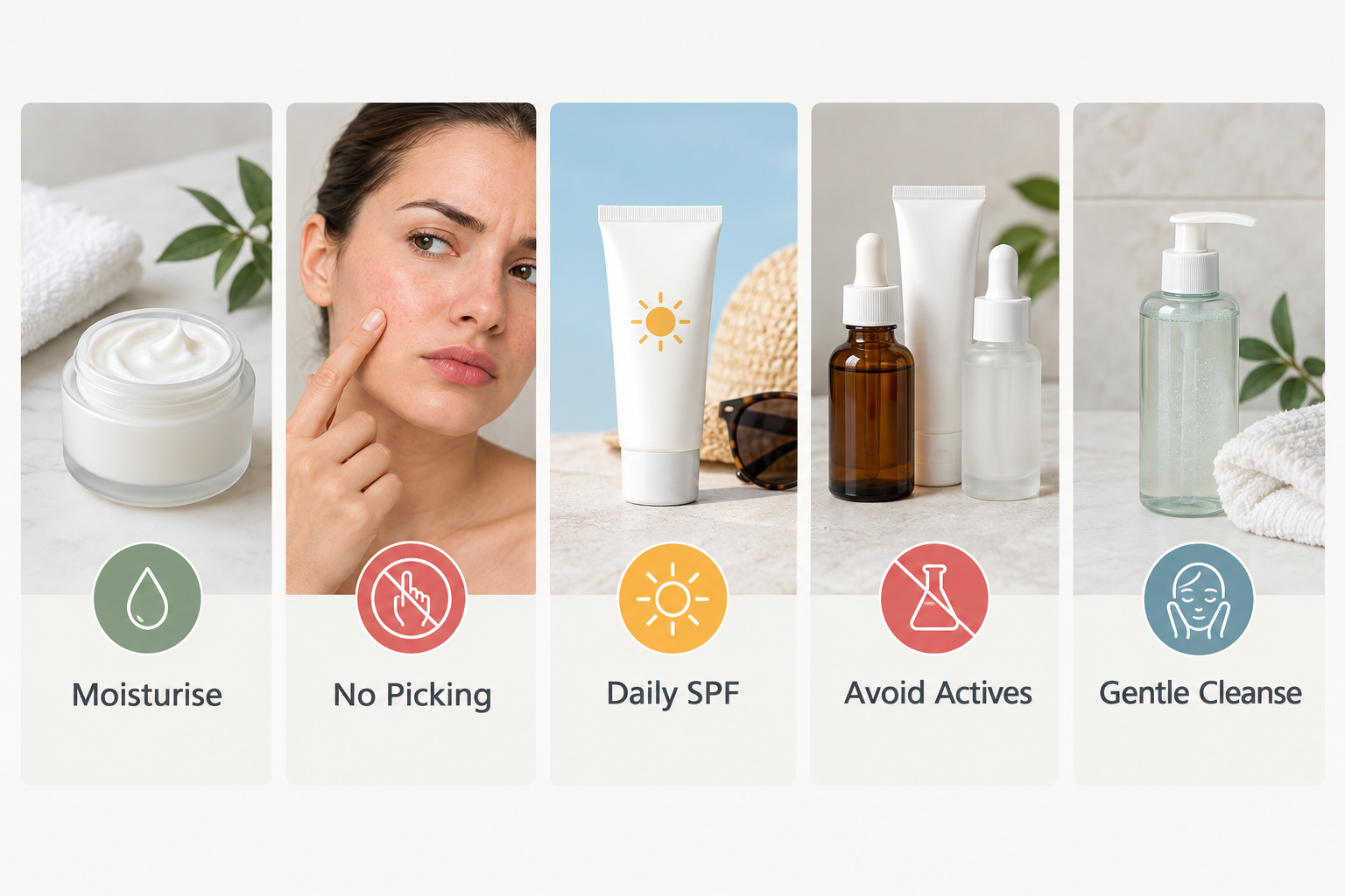 Five chemical peel aftercare instruction cards covering moisturising sun protection and gentle