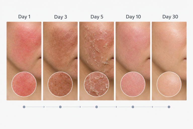 Chemical peel recovery timeline illustration showing skin changes from day one to day thirty