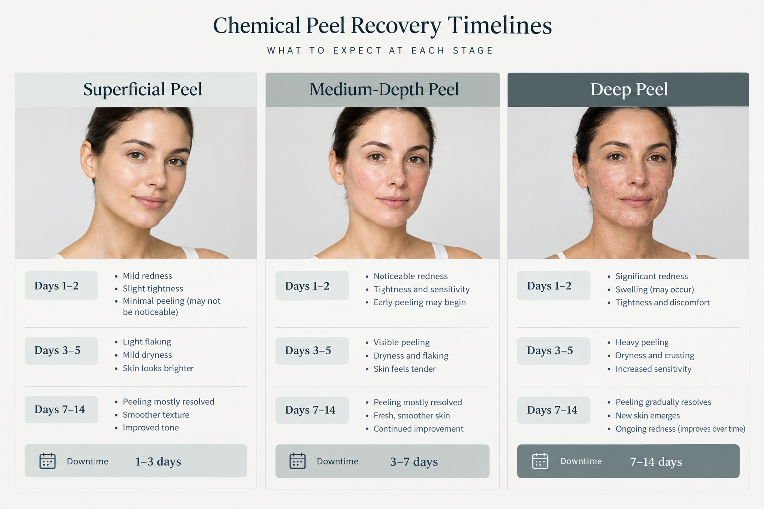 Infographic comparing superficial medium and deep chemical peel recovery timelines day by day