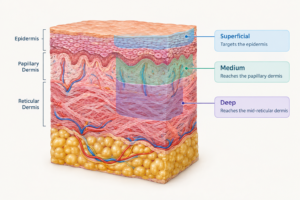 Illustration showing superficial, medium and deep chemical peel depths in skin layers