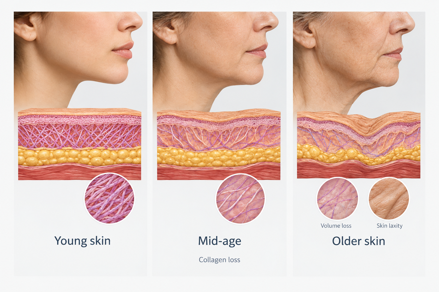 Diagram showing how collagen loss and volume reduction cause chin dimpling with age