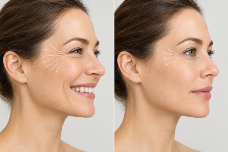 Illustration of crow's feet lines at the outer eye corner showing dynamic and static wrinkles
