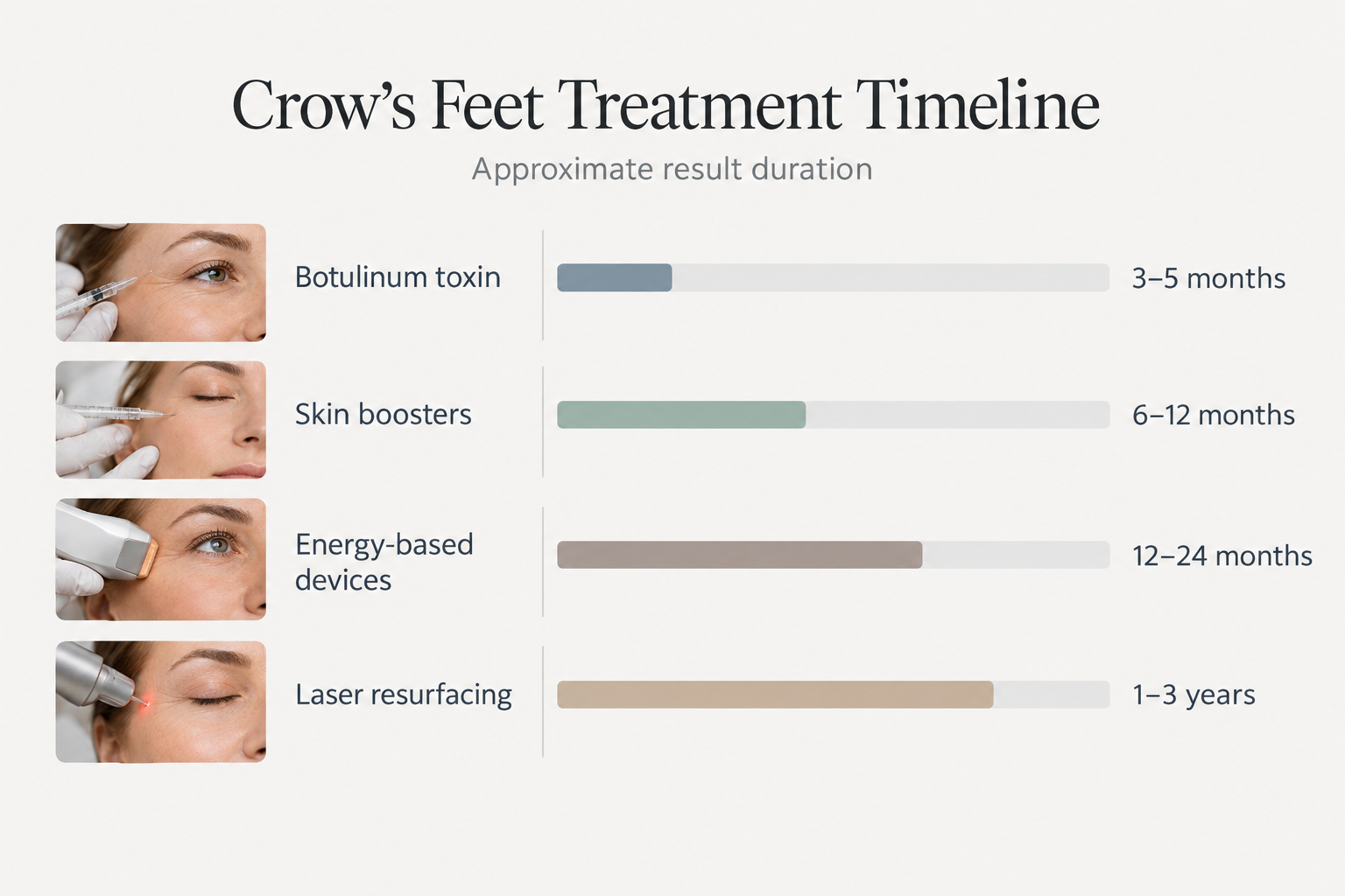Timeline infographic showing how long different crow's feet treatments last before maintenance is