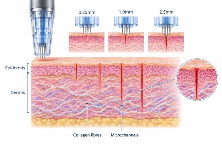 Microneedling needle depth diagram showing microchannels in skin layers