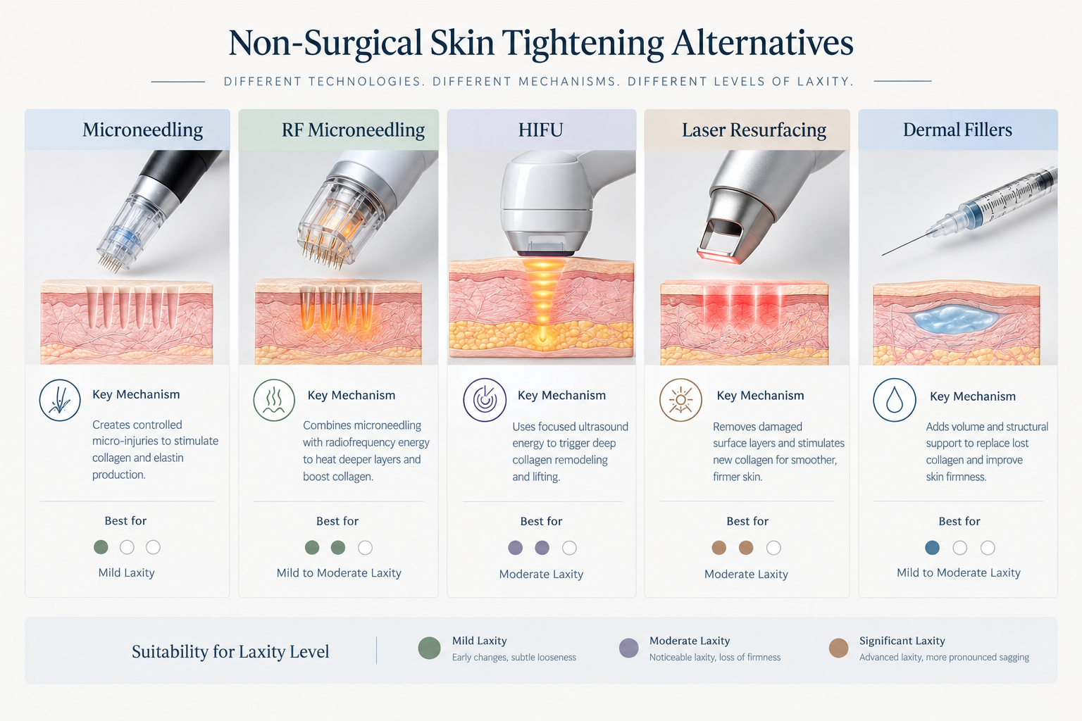 Infographic comparing skin tightening alternatives including microneedling, HIFU, RF and laser