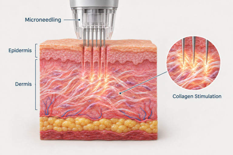 Microneedling skin tightening illustration showing needle penetration and collagen stimulation in