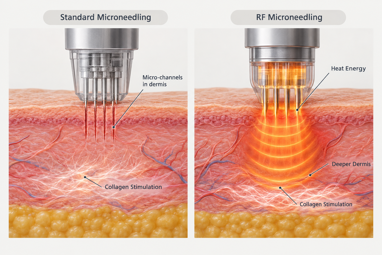 Comparison diagram of standard microneedling versus radiofrequency microneedling showing depth and