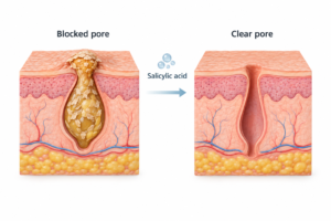 Illustration showing how salicylic acid clears a blocked pore to treat acne