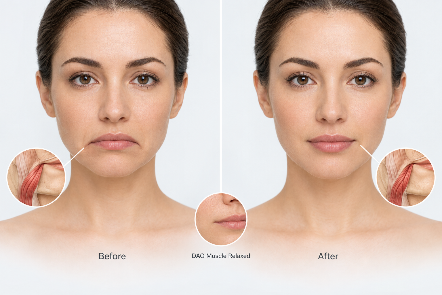 Comparison illustration showing downturned mouth before and after botulinum toxin treatment