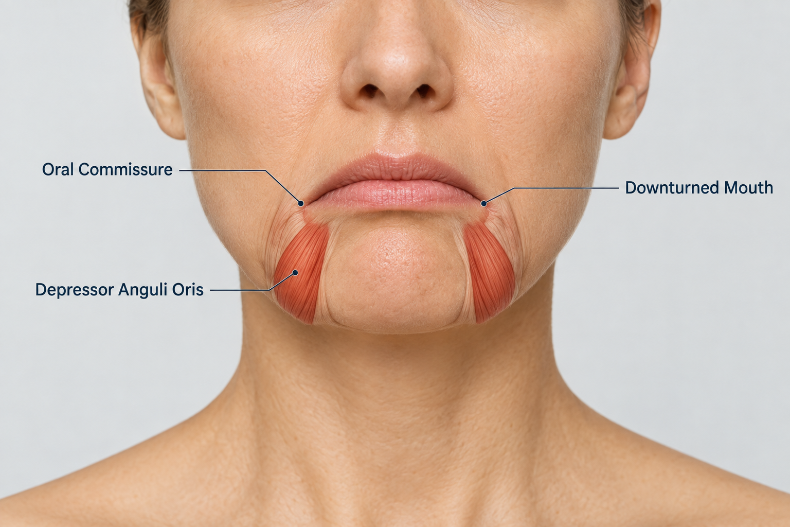 Anatomical illustration of the depressor anguli oris muscle and downturned mouth corners