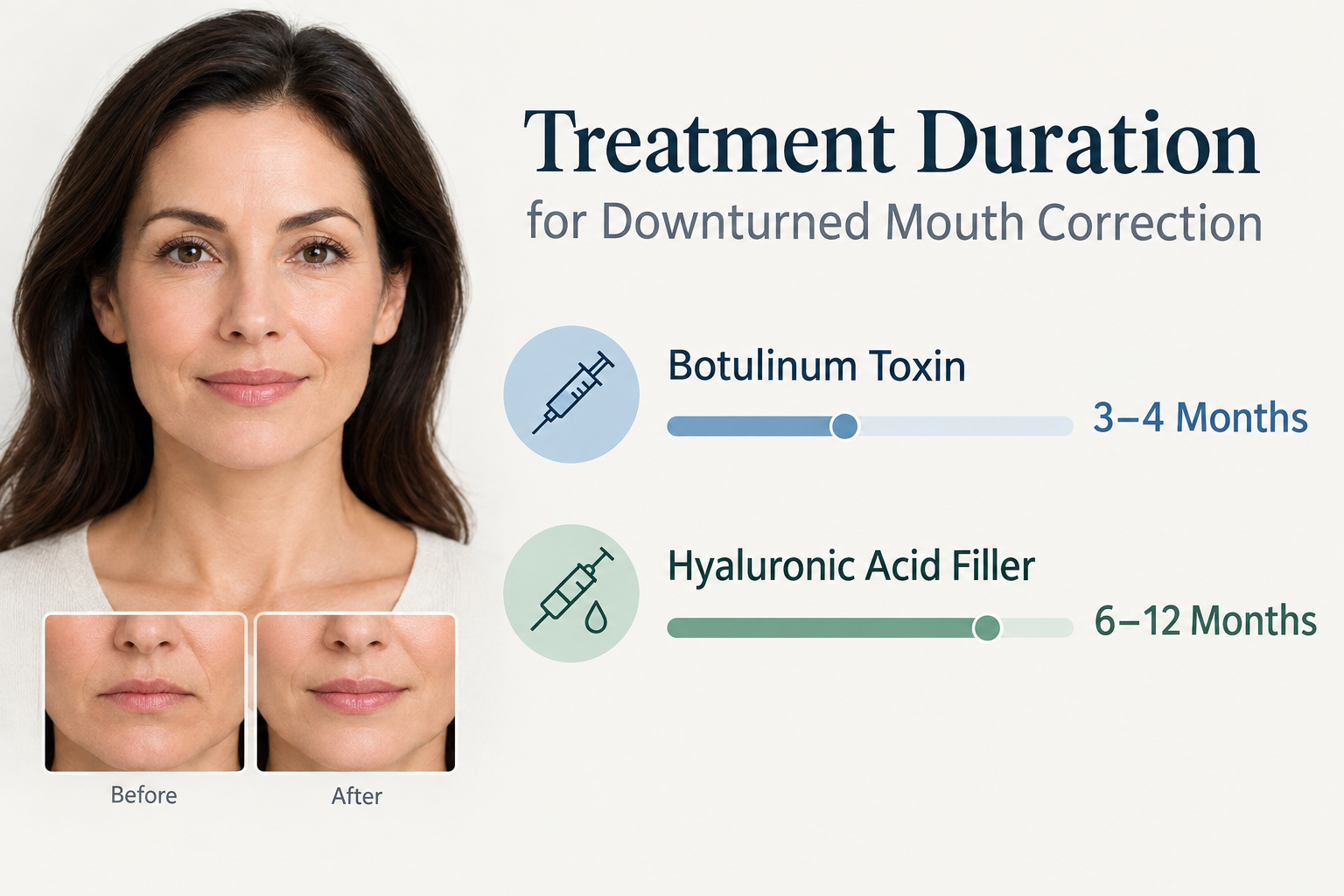 Infographic comparing how long botulinum toxin and dermal filler results last for downturned mouth