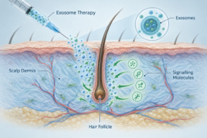 Medical illustration of exosome therapy being delivered to a thinning hair follicle in the scalp