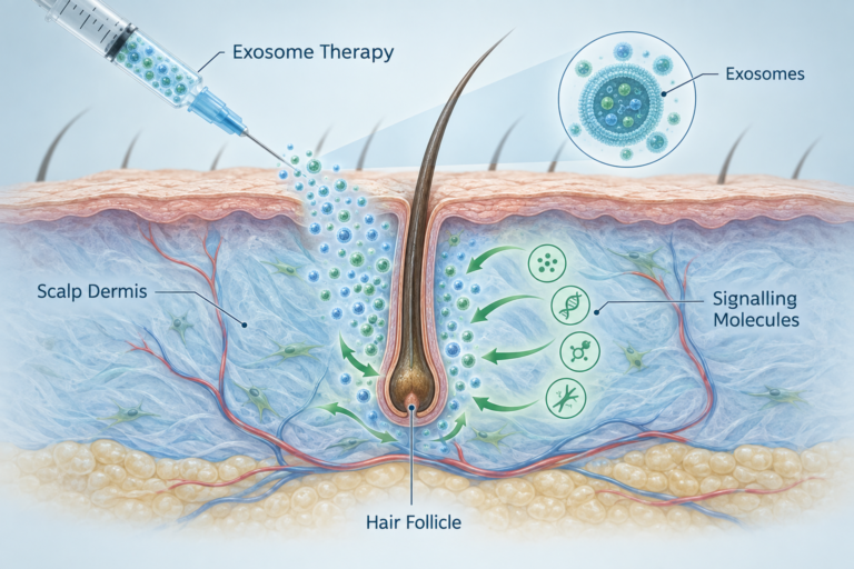 Medical illustration of exosome therapy being delivered to a thinning hair follicle in the scalp