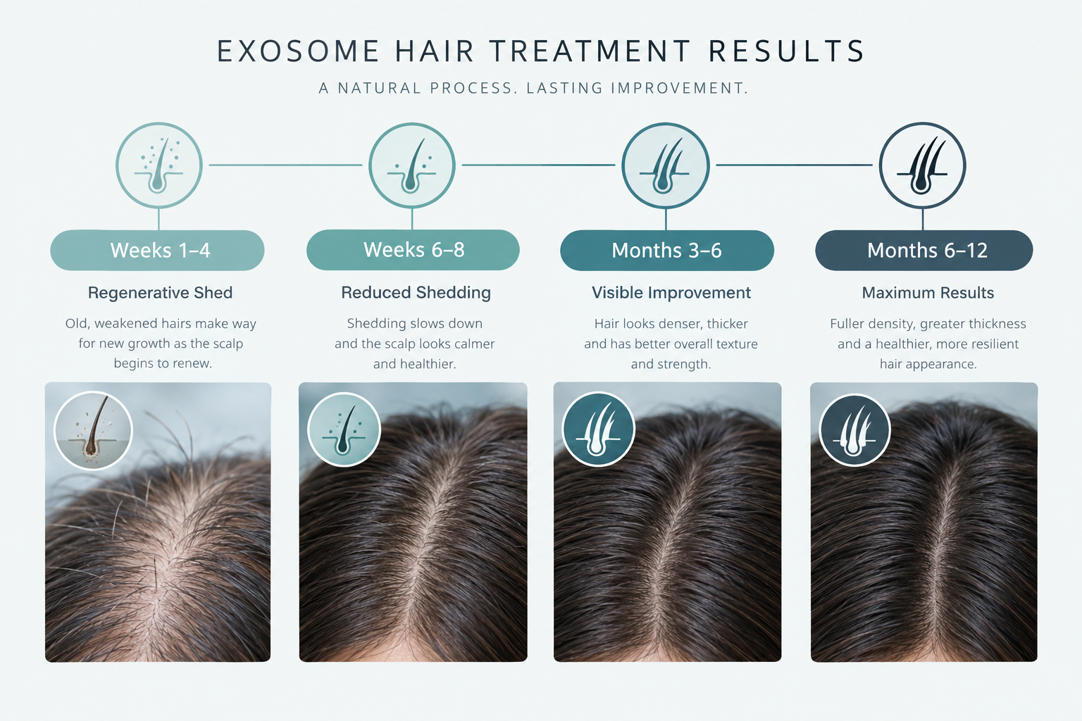 Timeline infographic showing exosome hair treatment results from weeks one through twelve months