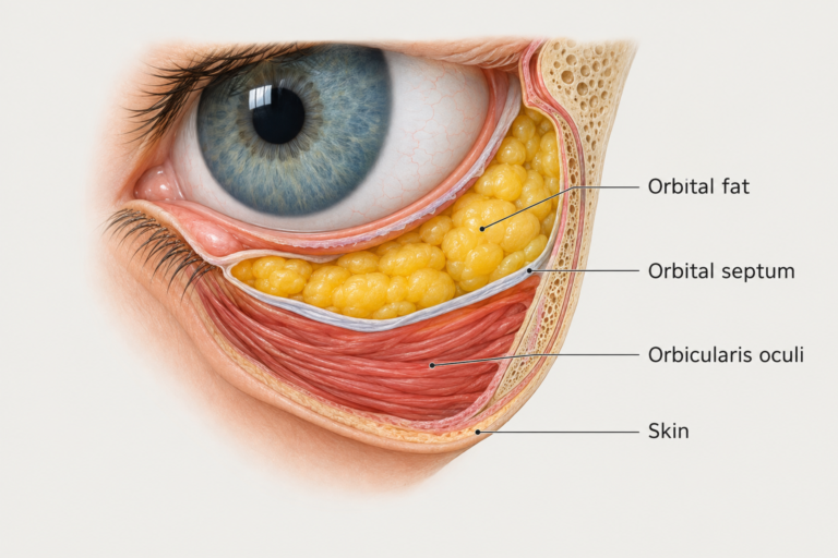 Anatomical illustration of lower eyelid showing orbital fat compartments and eye bag structure