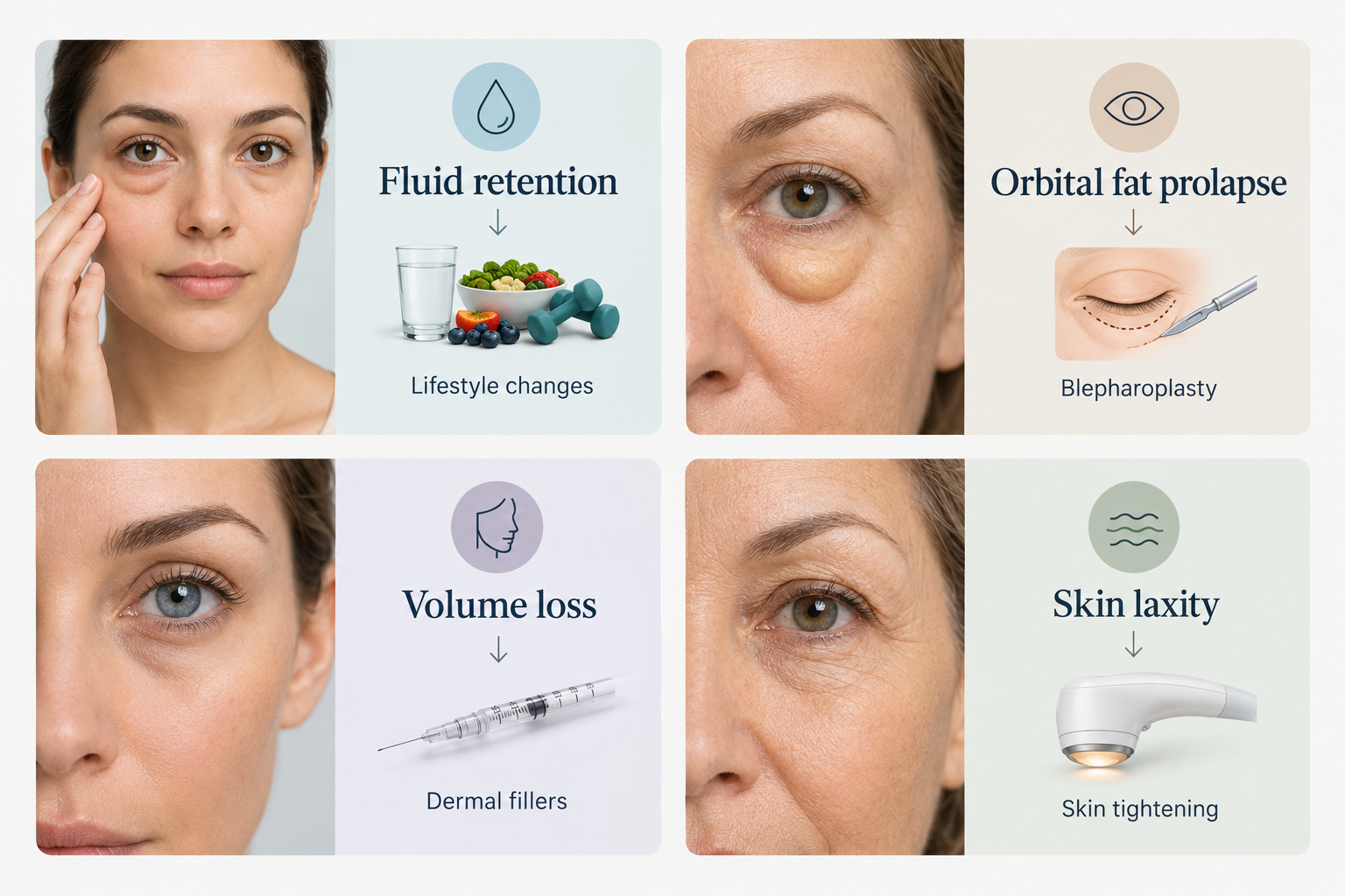 Fact cards showing different eye bag causes and corresponding treatment approaches