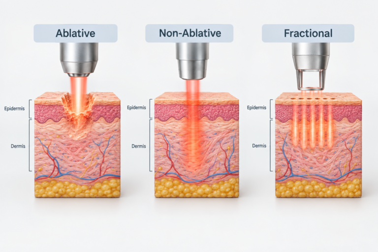 Illustration comparing ablative, non-ablative and fractional facial laser treatment skin depth