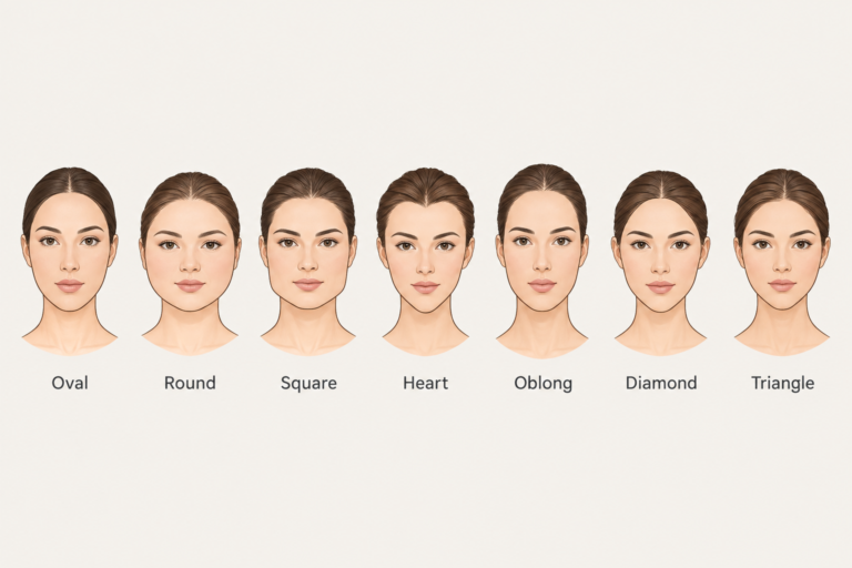 Seven main face shapes illustrated side by side: oval, round, square, heart, oblong, diamond