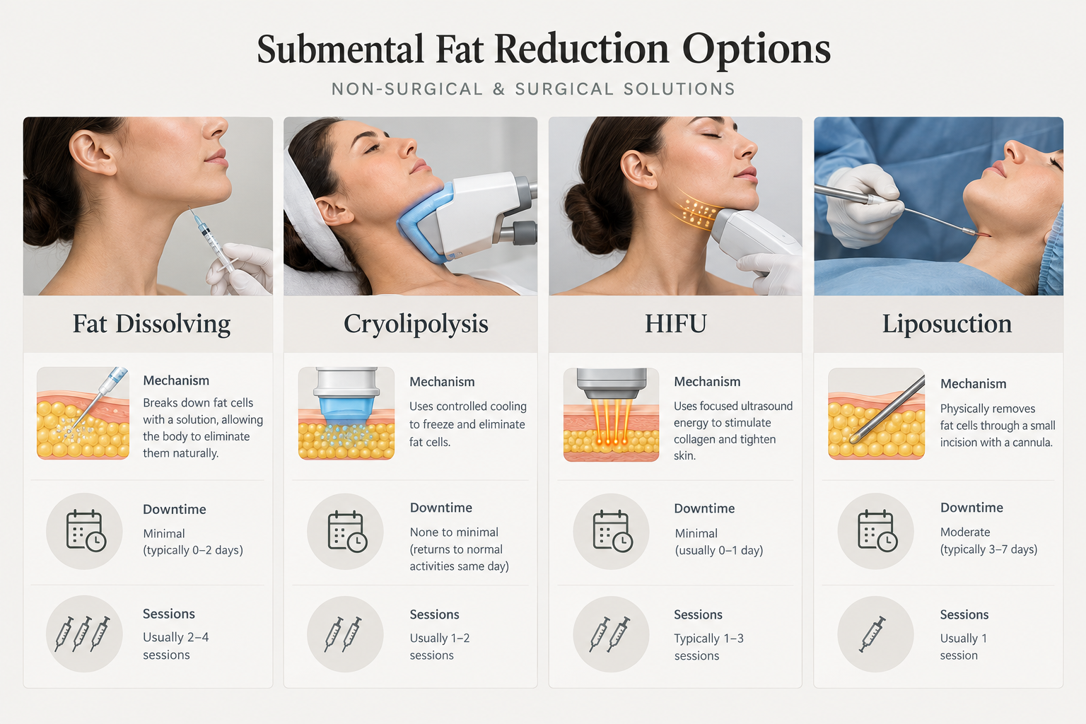 Comparison of chin fat reduction options including fat dissolving injections, cryolipolysis, HIFU
