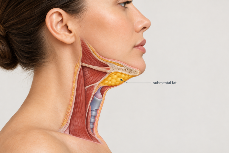 Medical illustration of submental fat layer beneath the chin in profile view