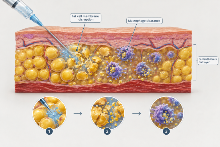 Illustration of fat dissolving injection mechanism showing fat cell membrane disruption and