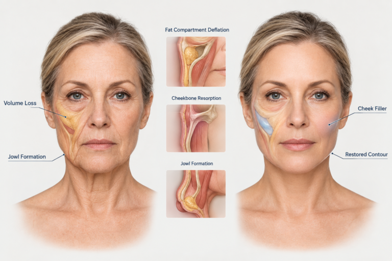 Illustration showing midface volume loss causing jowls and cheek filler restoring lift