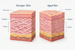 Medical illustration comparing skin structure in younger and aged skin showing fine lines and