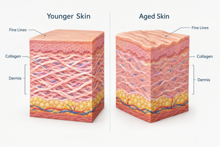 Medical illustration comparing skin structure in younger and aged skin showing fine lines and
