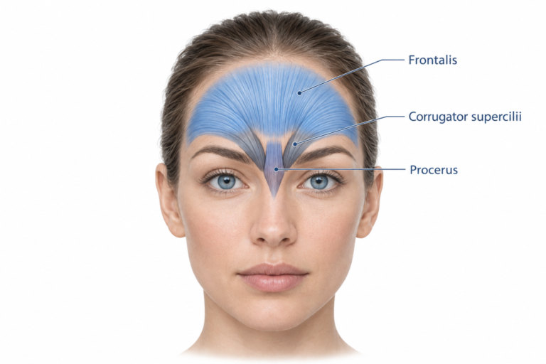 Diagram of forehead and glabellar muscles relevant to botulinum toxin treatment