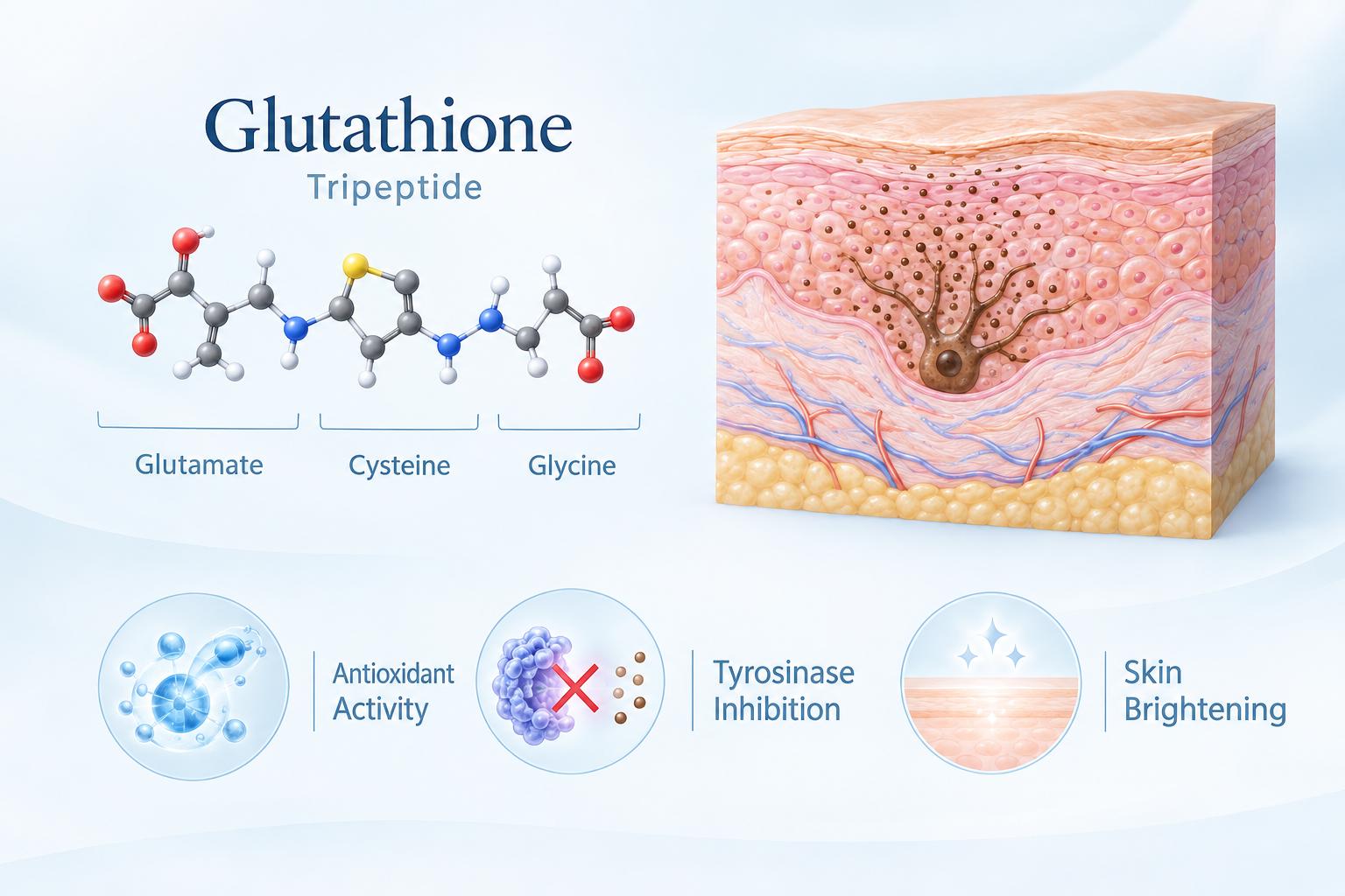 Glutathione tripeptide molecule and skin brightening mechanism illustration