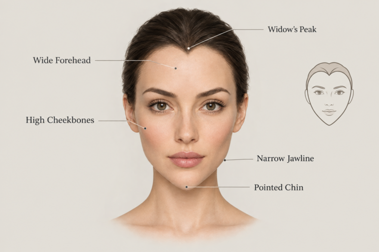 Heart-shaped face diagram showing wide forehead, high cheekbones, narrow jawline and pointed chin