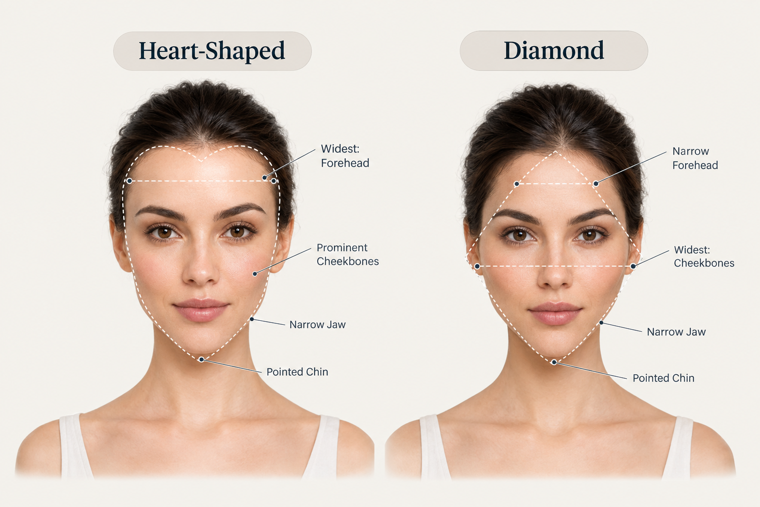 Heart vs diamond face shape comparison showing differences in forehead and cheekbone width