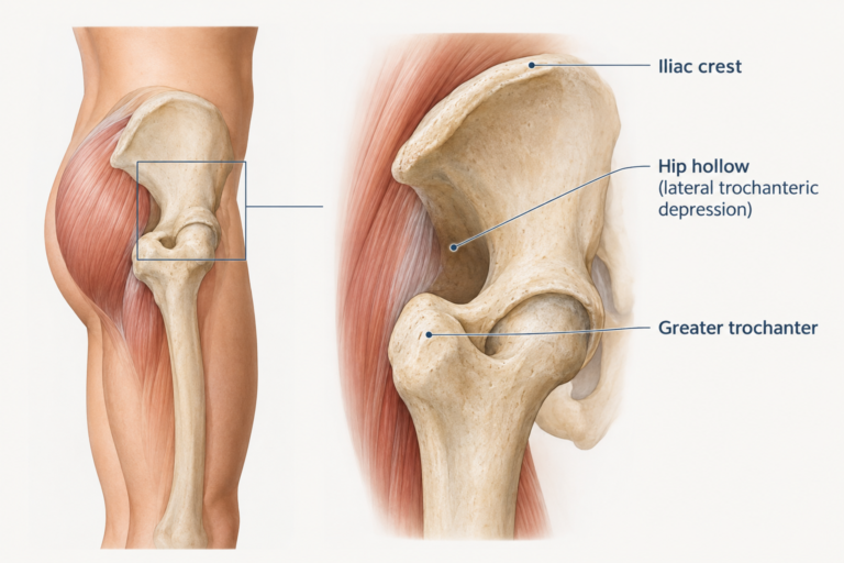 Anatomical illustration of hip dip hollow between iliac crest and greater trochanter