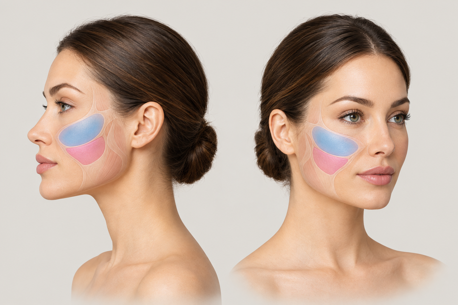 Medical illustration showing cheek filler placement zones on the mid-face