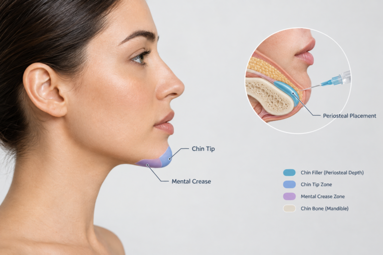 Illustration of chin filler injection placement showing depth and chin projection zones