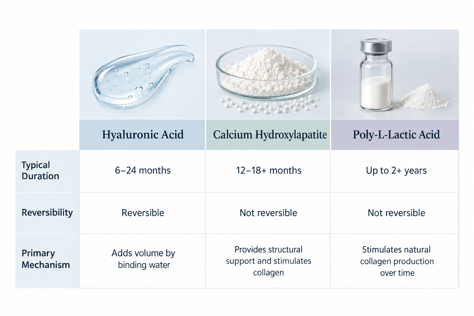 Comparison chart of hyaluronic acid, calcium hydroxylapatite, and poly-L-lactic acid filler types