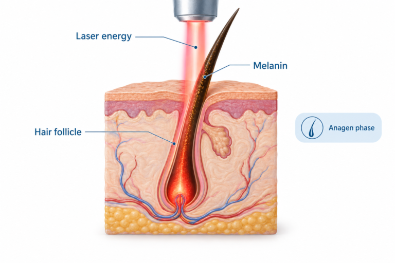 Diagram showing laser energy targeting melanin in a hair follicle during laser hair removal