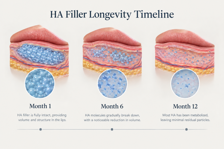 Illustration showing how hyaluronic acid lip filler breaks down over 6 to 12 months