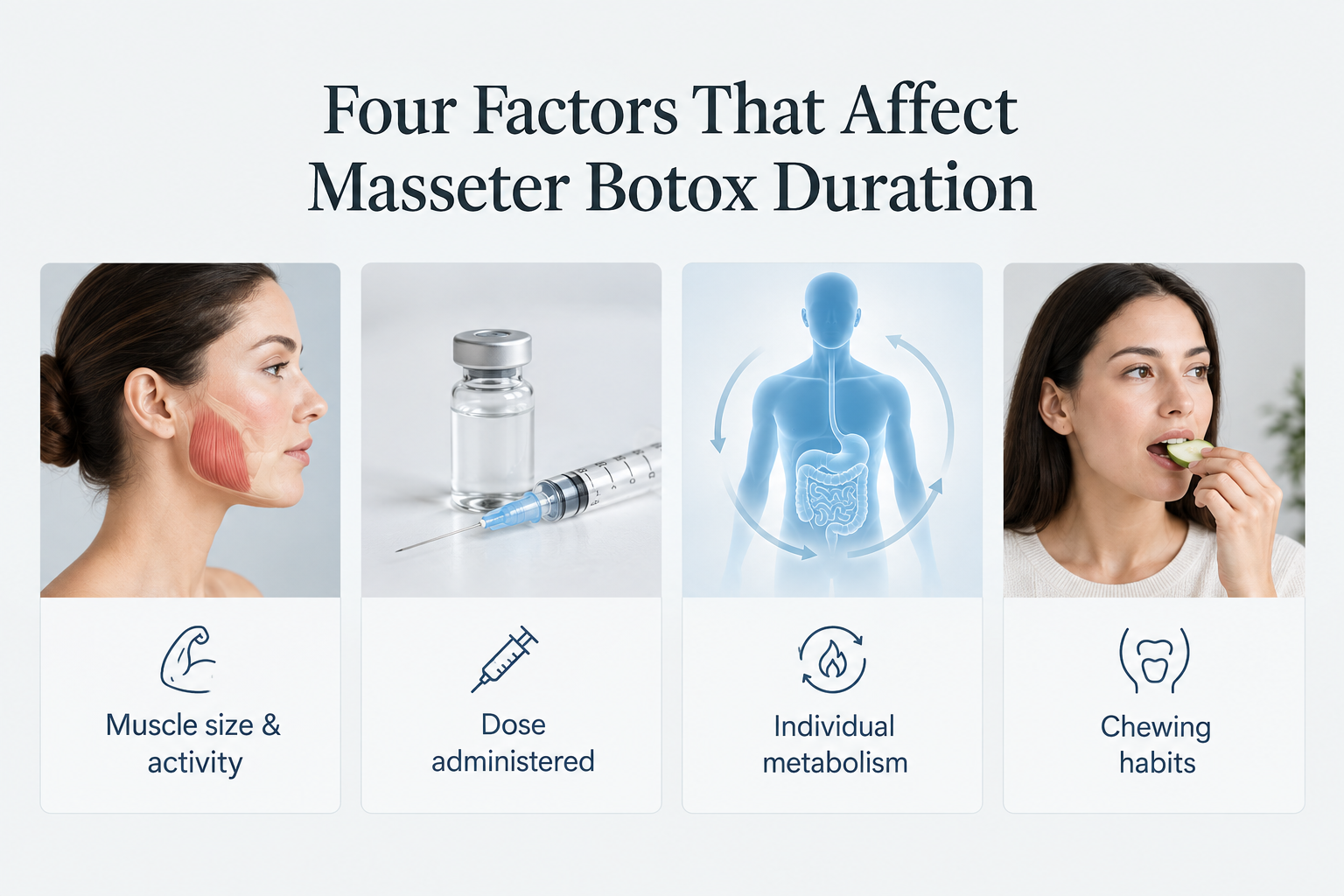 Infographic showing four factors that affect how long masseter Botox results last