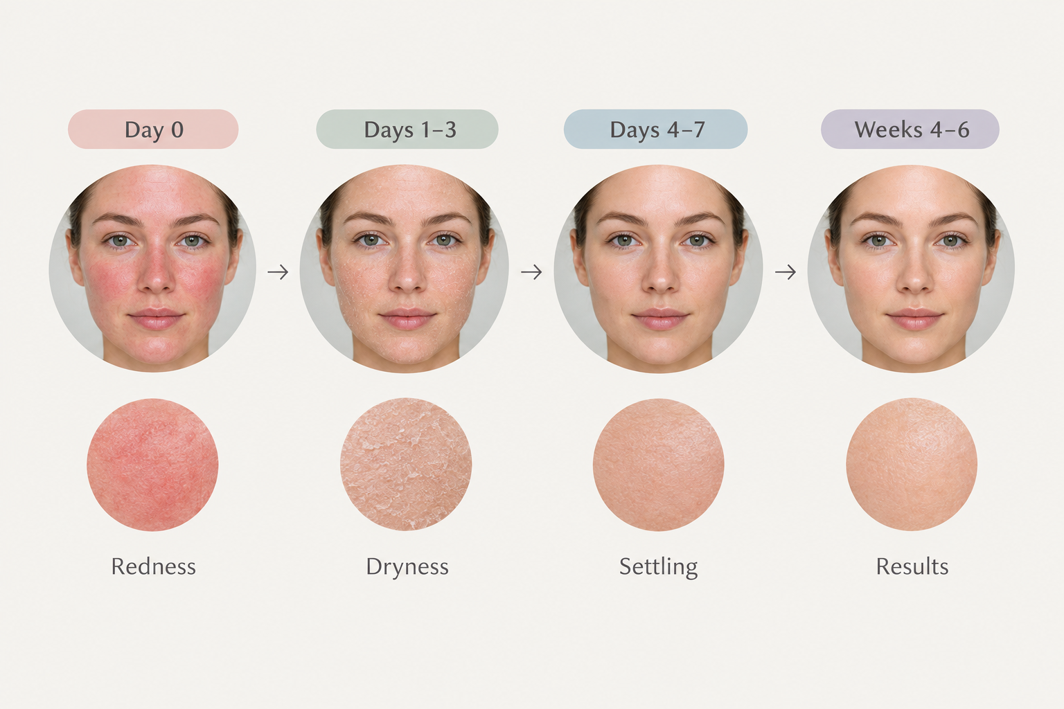 Microneedling recovery timeline showing skin changes from day zero through to week six