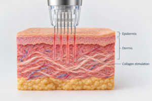 Microneedling device creating micro-channels in skin to stimulate collagen production