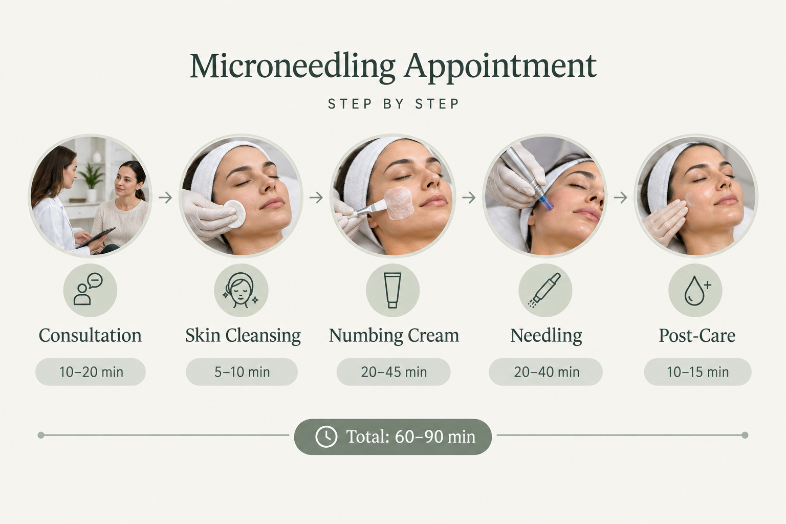 Infographic showing microneedling appointment timeline from consultation to post-care totalling 60