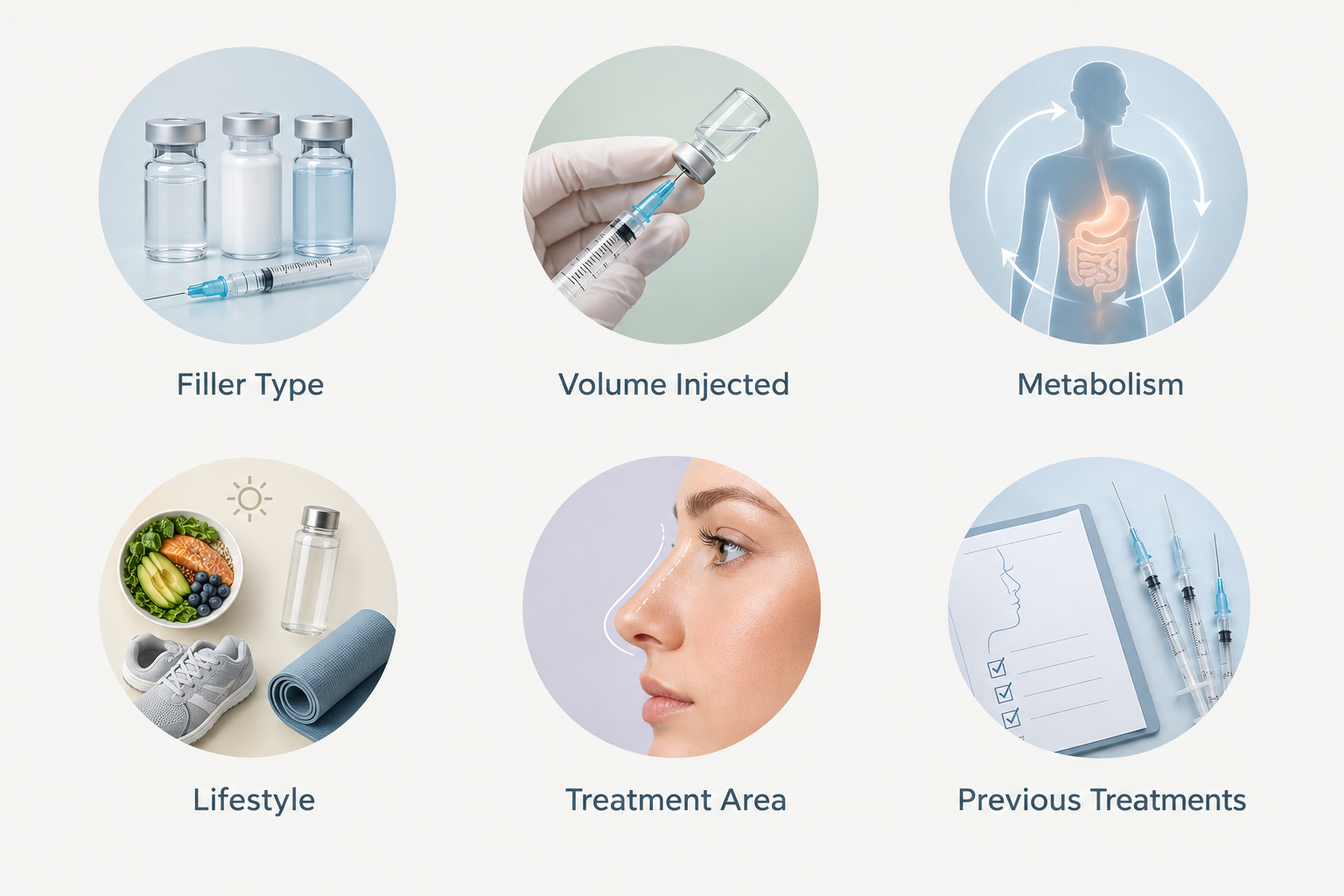 Infographic showing six factors that affect how long nose filler lasts