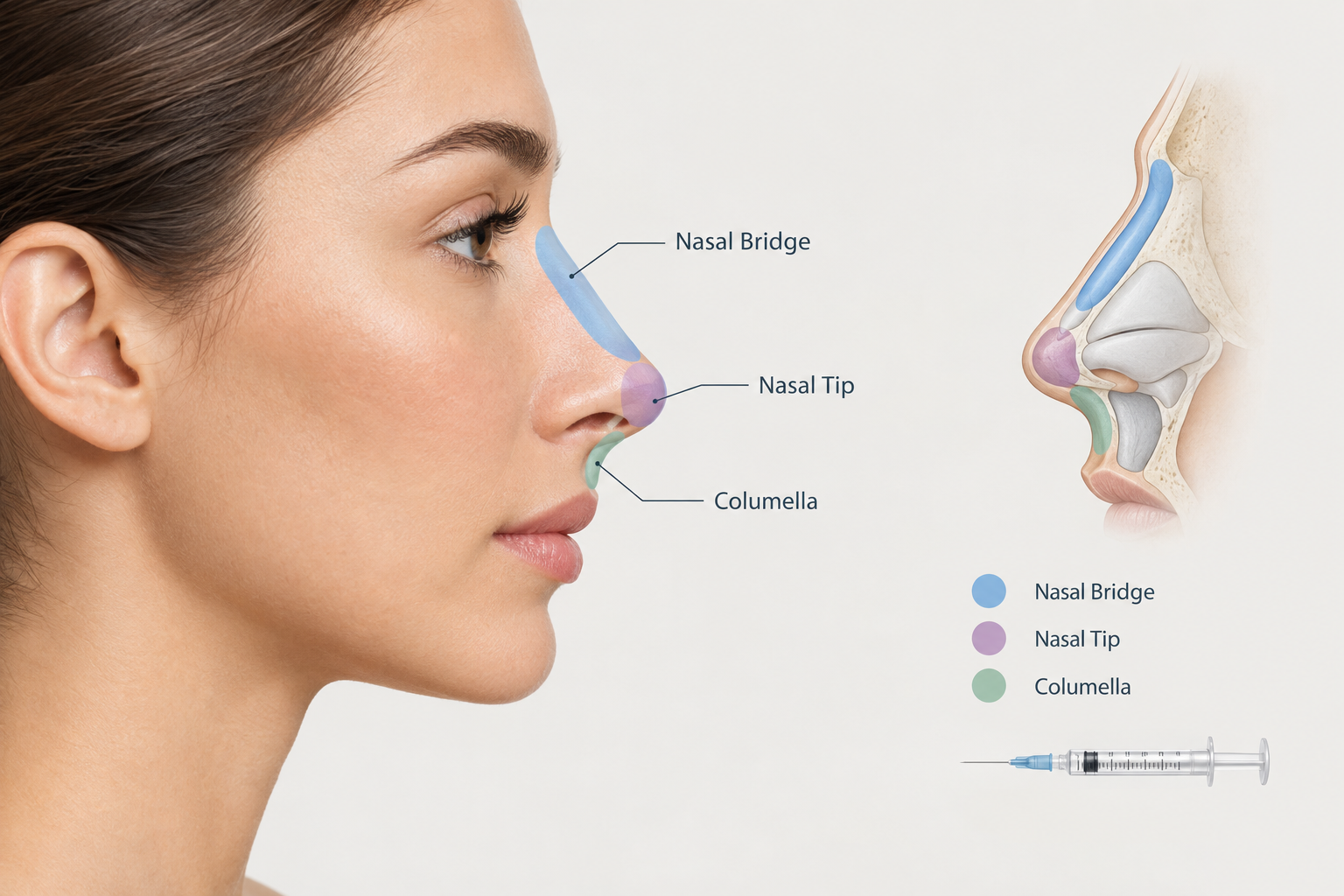 Illustration of nose filler placement zones for non-surgical rhinoplasty
